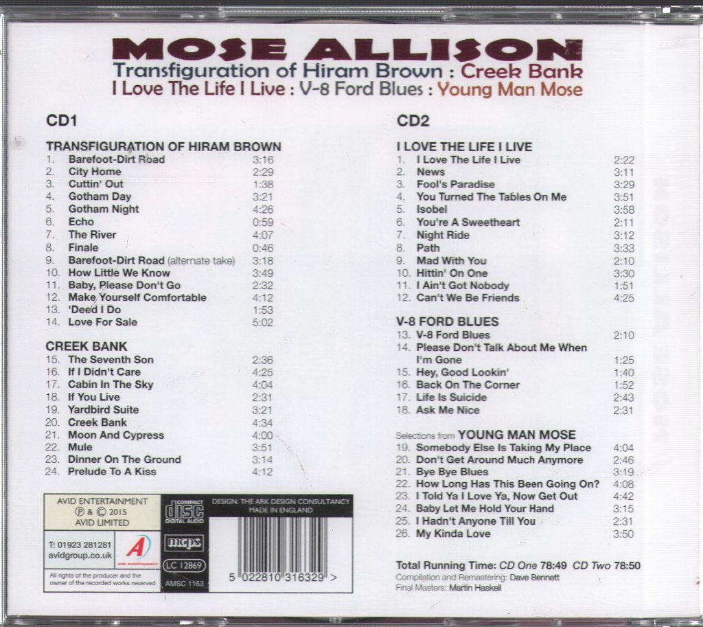 Mose Allison - Transfiguration Of Hiram Brown; Creek Bank; I Love The Life I Live; V-8 Ford Blues; Young Man Mose - Double Cd