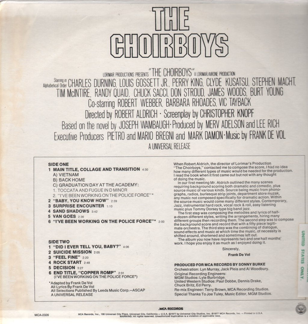 Frank De Vol - Choirboys Soundtrack - Lp