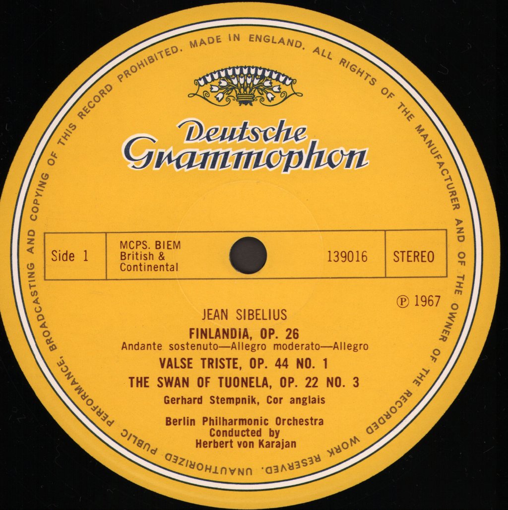 Herbert Von Karajan / Berlin Philharmonic Orchestra - Jean Sibelius - Finlandia Valse Triste - Lp