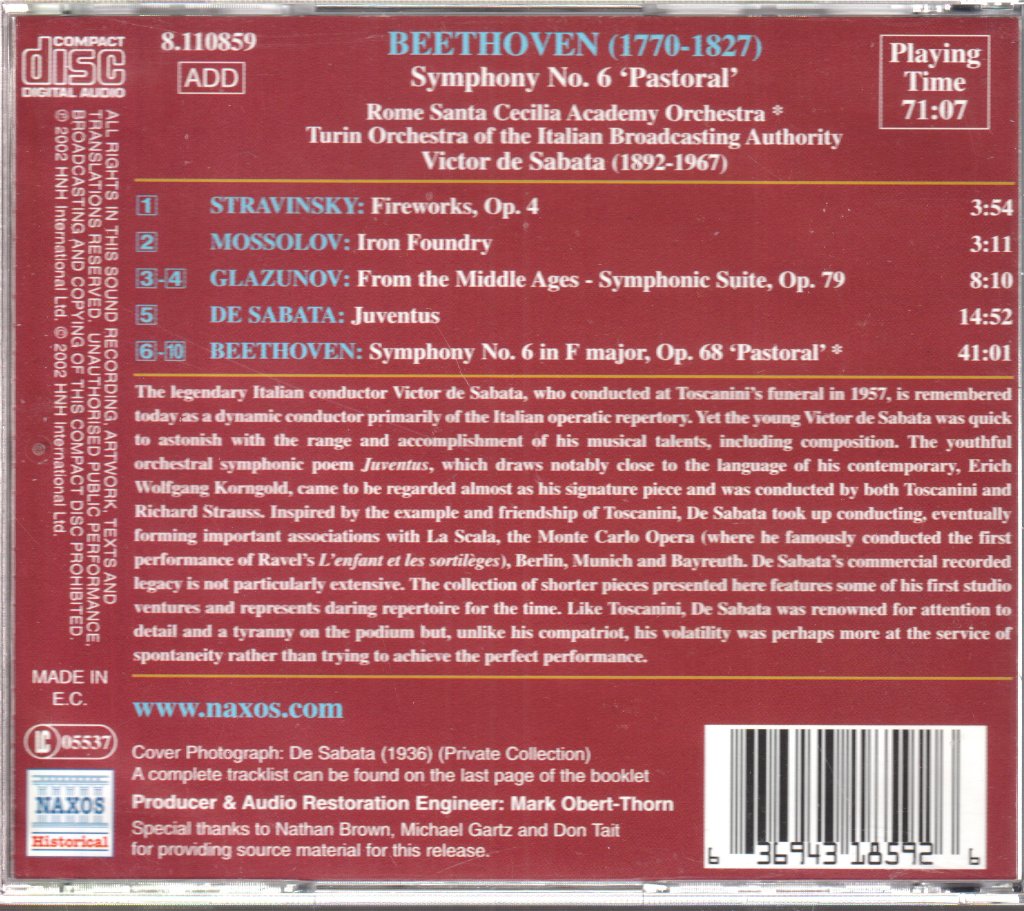 Victor De Sabata - Beethoven - Symphony No. 6 "Pastoral" / Fireworks / Iron Foundry / Juventus / From The Middle Ages - Cd