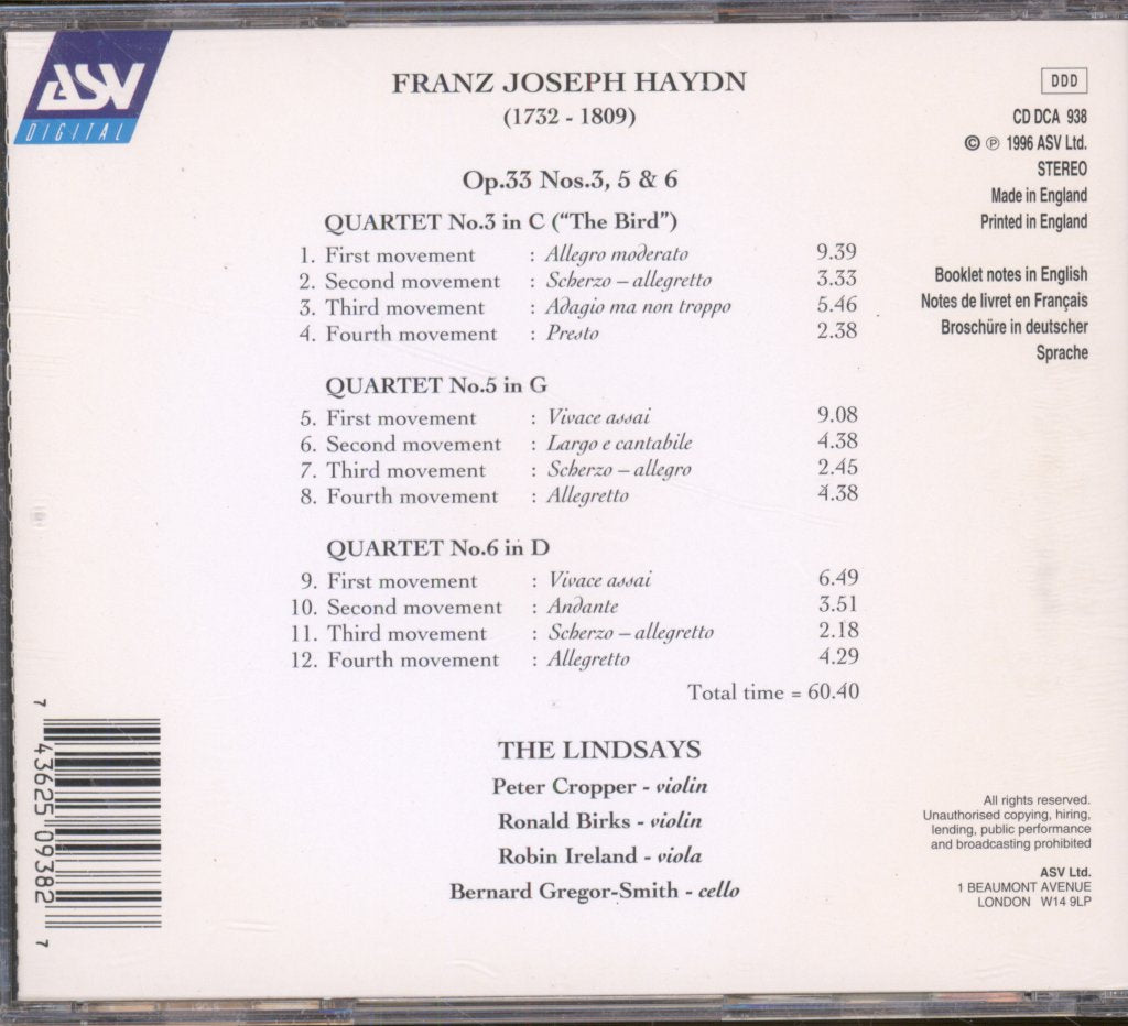 Lindsays - Hayn - String Quartets Op. 33 - Nos. 3, 5 & 6 - Cd