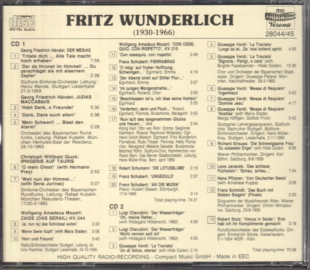 Fritz Wunderlich - Recital Opera Arias And Songs - Cd Set