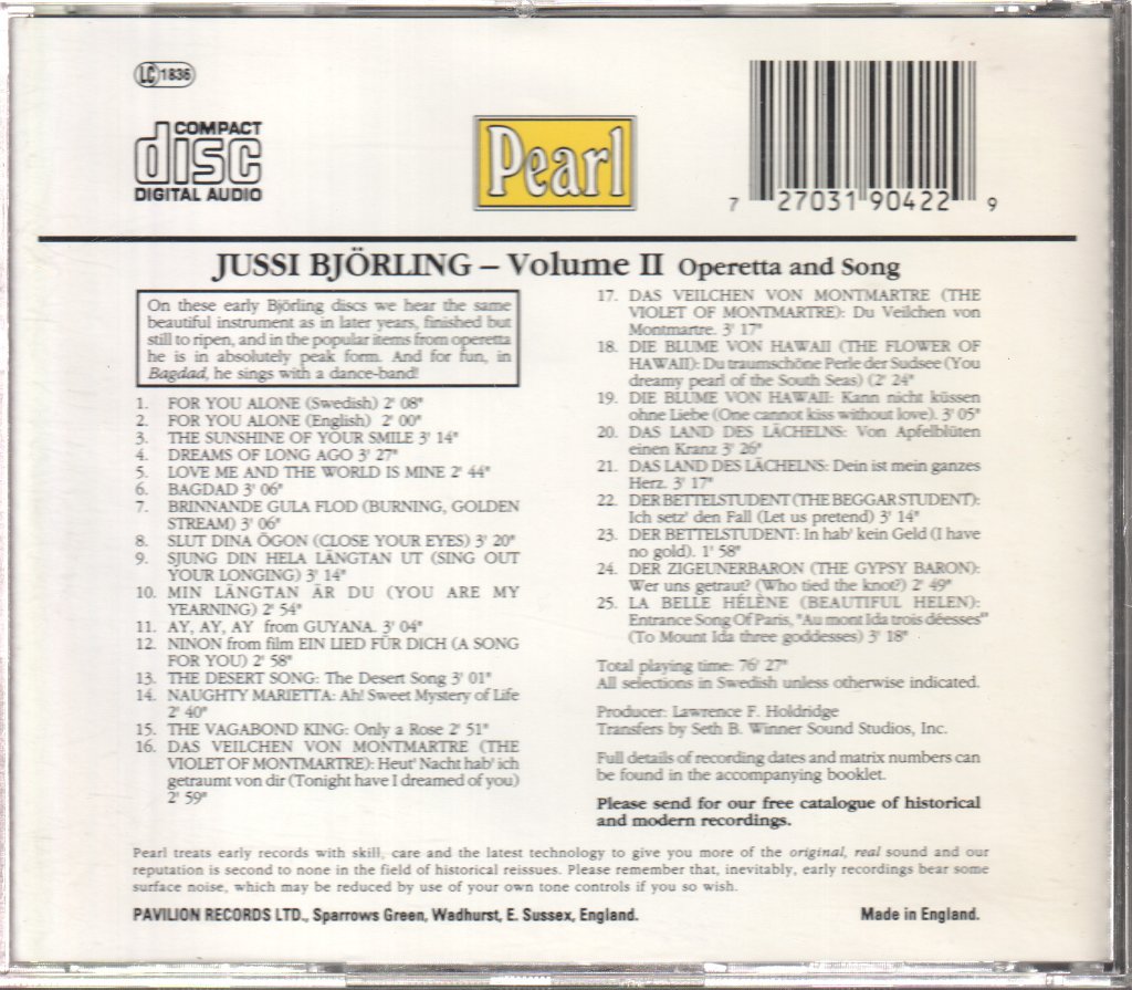 Jussi Björling - Operetta And Song - Cd
