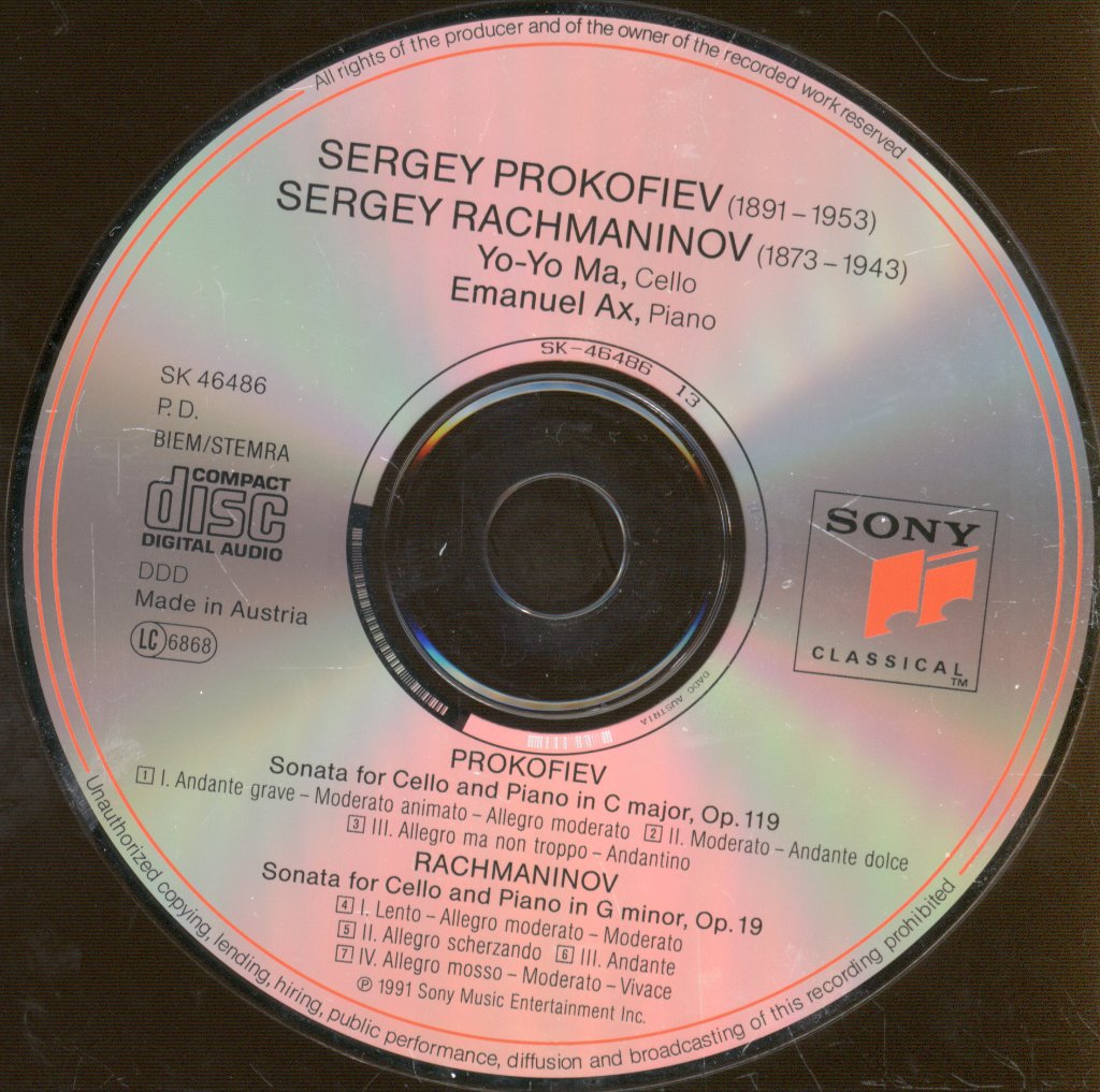 Emanuel Ax, Yo Yo Ma - Prokofiev / Rachmaninov - Sonatas For Cello And Piano - Cd