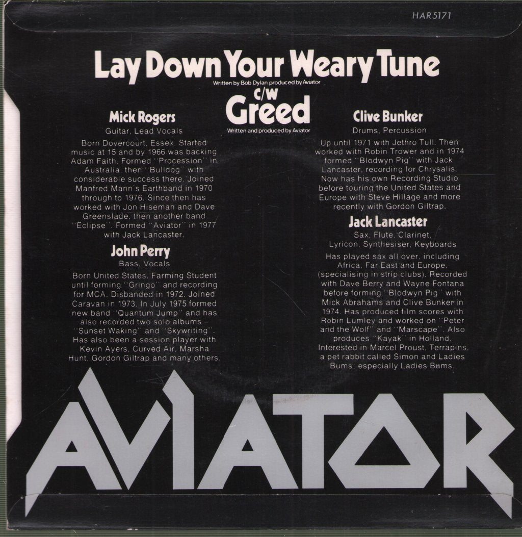 Aviator (Rock/Prog Group) - Lay Down Your Weary Tune - 7 Inch