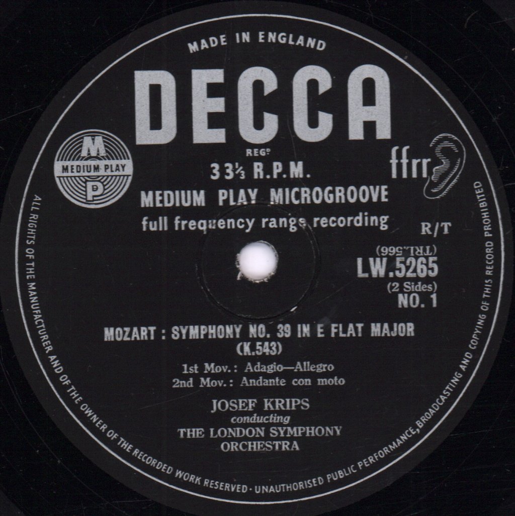 London Symphony Orchestra - mozart Symphony No. 39 In E Flat Major (K.543) - 10 Inch