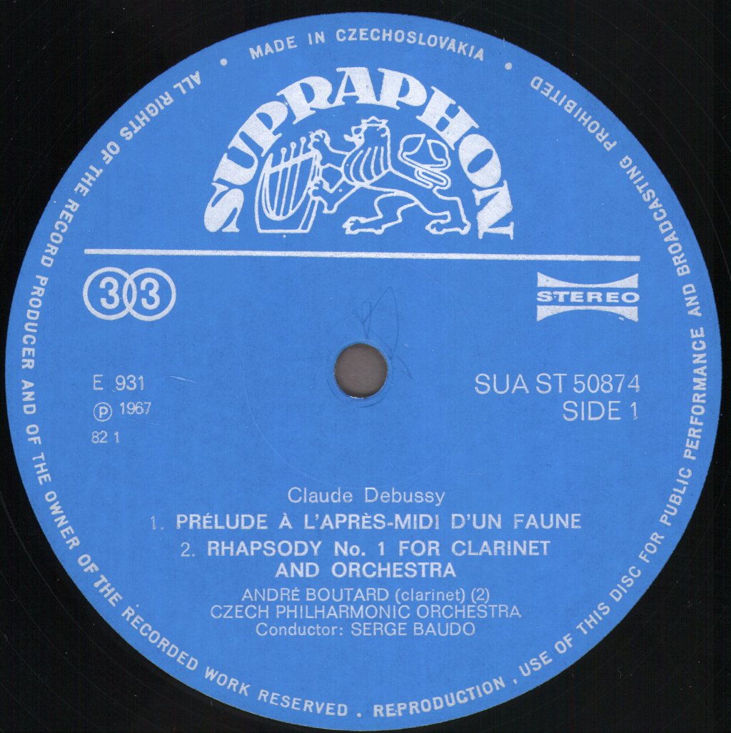 Serge Baudo / Czech Philharmonic Orchestra - Debussy - Prelude Á L’Aprés-midi D’Un Faune / 1st Rhapsody For Clarinet / "Les Jeux" - Lp