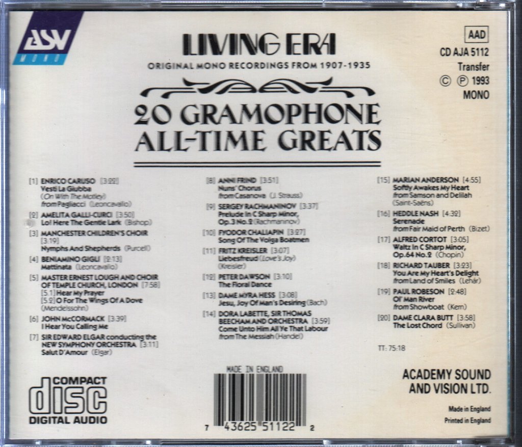 Various Artists - 20 Gramophone All Time Greats - Original Mono Recordings From 1907 - 1935 - Cd