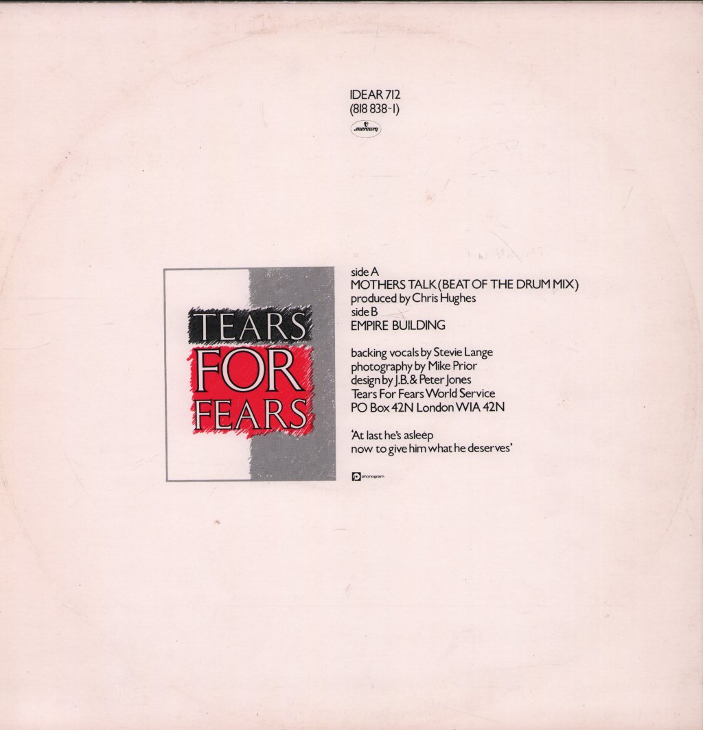 Tears For Fears - Mothers Talk (Beat Of The Drum Mix) - 12 Inch