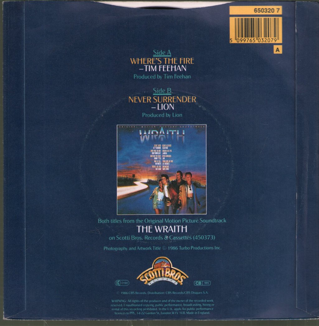 Tim Feehan/Lion - Where's The Fire/Never Surrender - 7 Inch