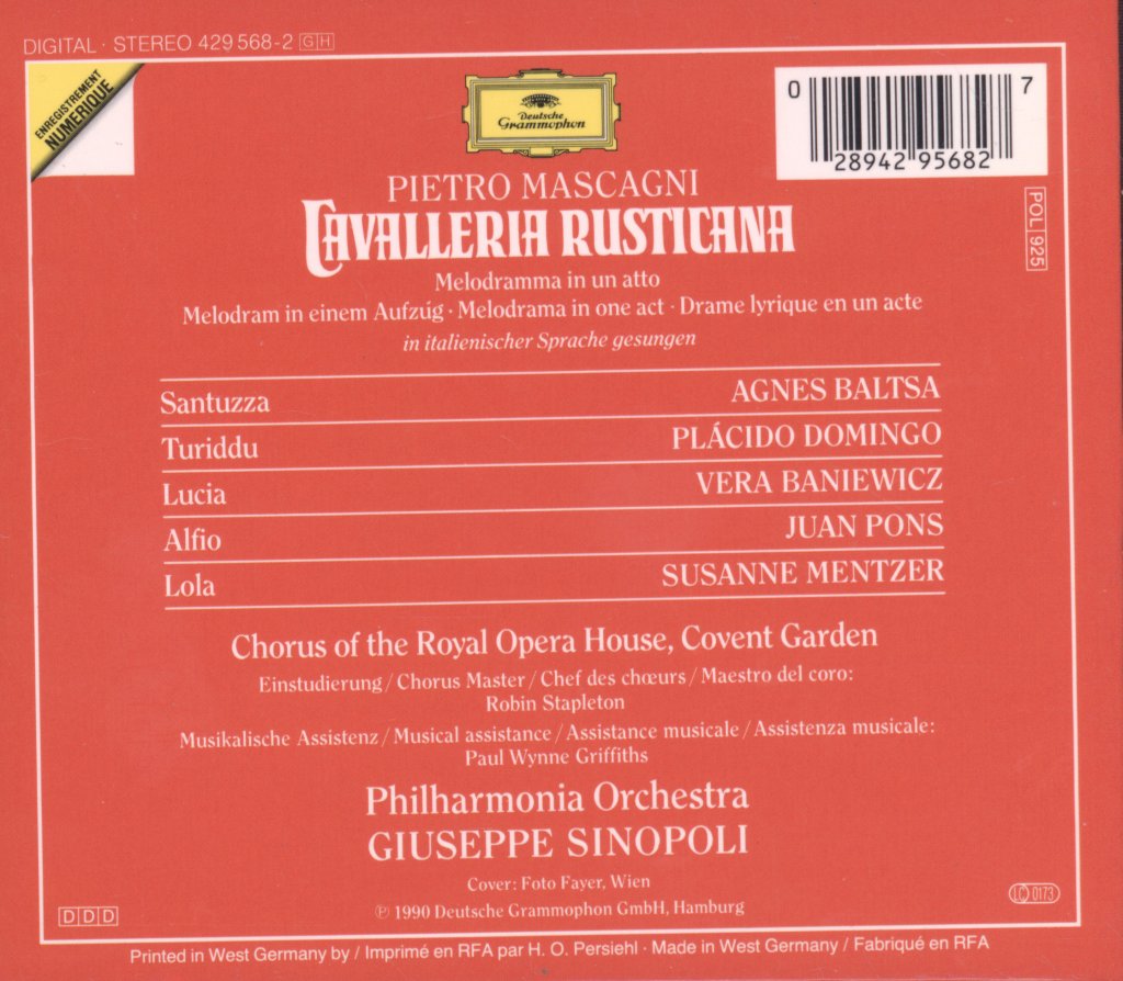 Giuseppe Sinopoli, Philharmonia Orchestra - Mascagni - Cavalleria Rusticana - Cd
