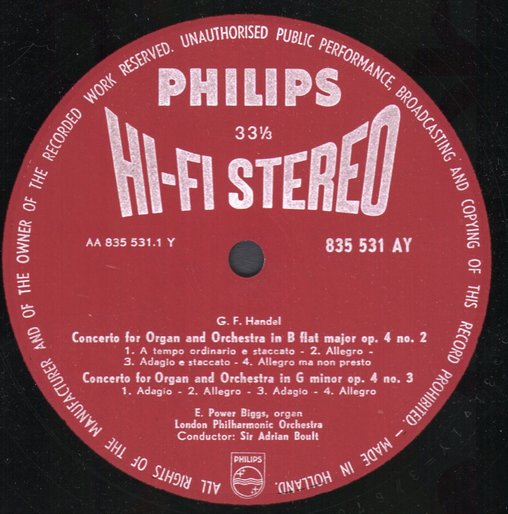 E. Power Biggs / Sir Adrian Boult / London Philharmonic Orchestra - Organ Concertos Of Handel (Op. 4 Nos. 2, 3, 4) - Lp