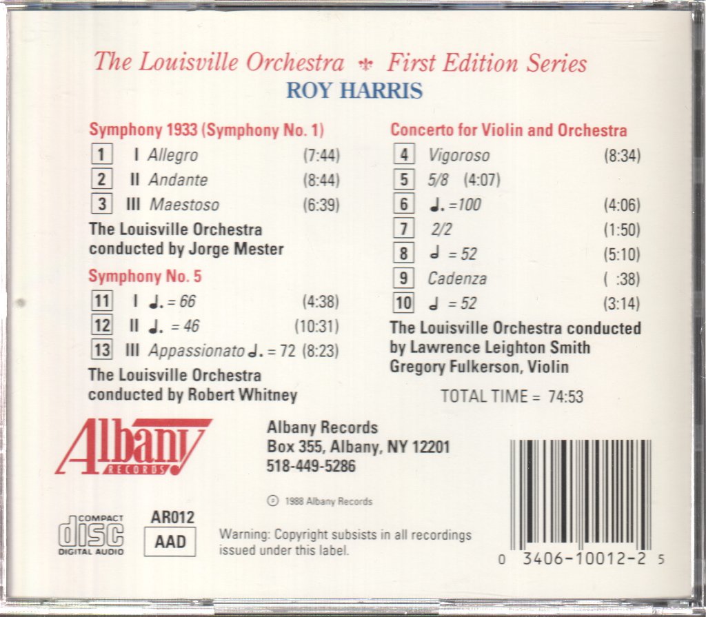 Roy Harris, ouisville Orchestra - Symphony 1933 (Symphony No. 1) • Concerto For Violin And Orchestra • Symphony No. 5 - Cd