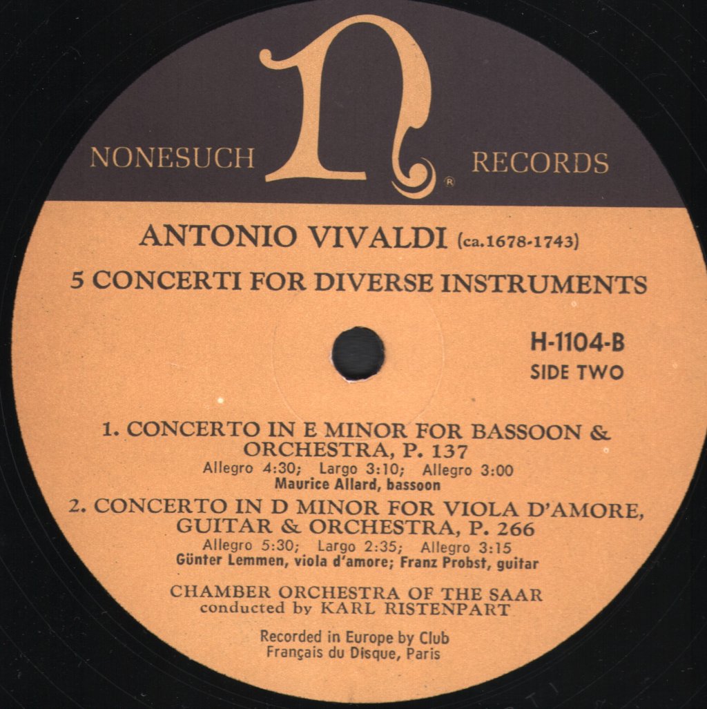 Chamber Orchestra Of The Saar / Karl Ristenpart - Antonio Vivaldi - 5 Concerti For Diverse Instruments - Lp