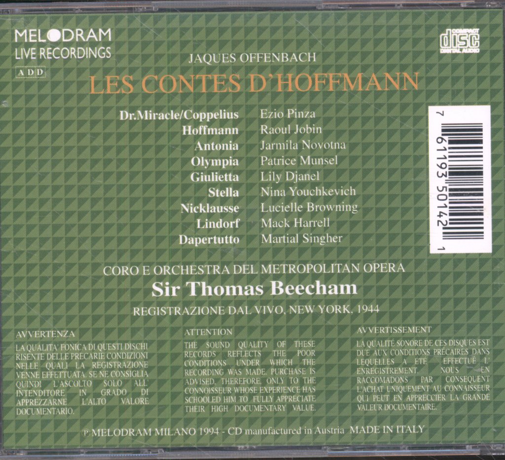 Chorus & Orchestra Of The Metropolitan Opera, Sir Thomas Beecham - Offenbach: Les Contes D'Hoffmann - Double Cd