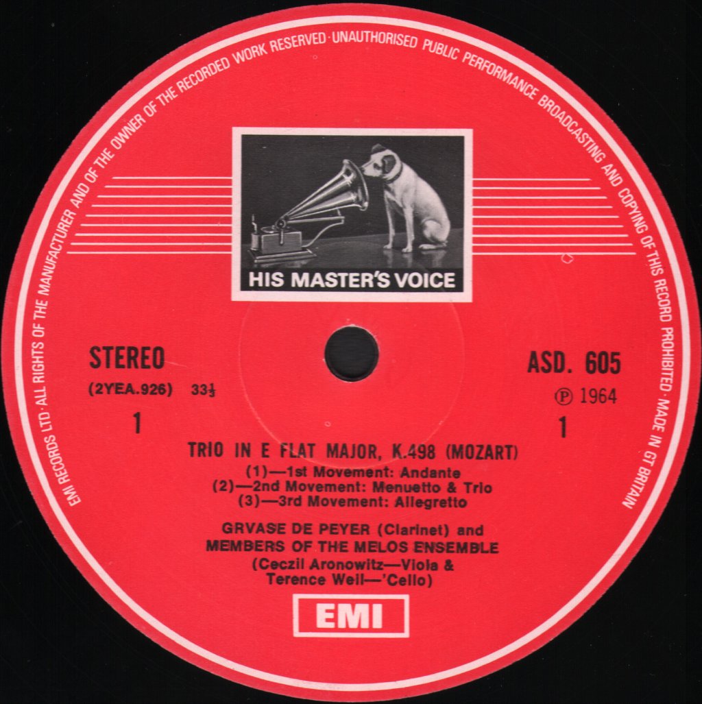 Gervase de Peyer with members of the Melos Ensemble - Mozart - Trio In E Flat Major, K.498; Quintet In A Major, K.581 - Lp