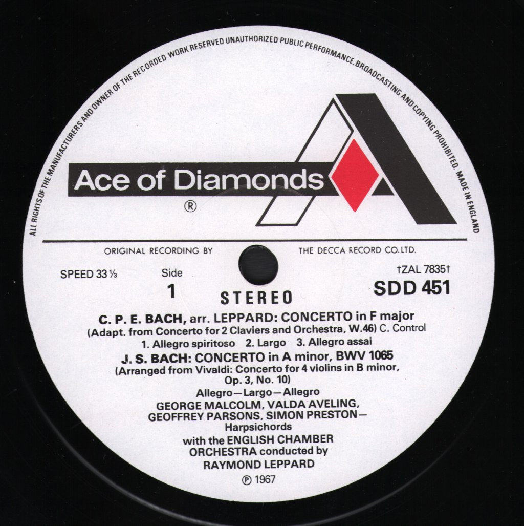 George Malcolm / Valda Aveling / Geoffrey Parsons / Simon Preston / Raymond Leppard / English Chamber Orchestra - Music For Four Harpsichords - Lp