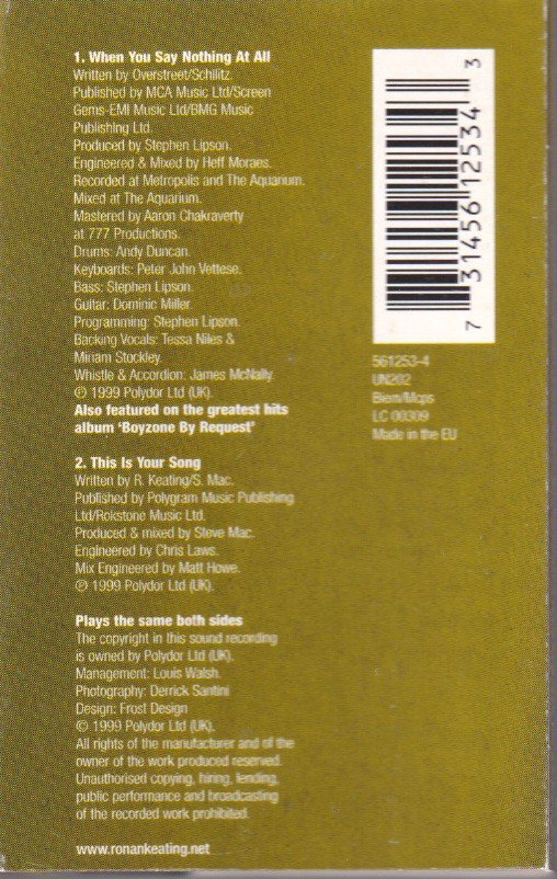 Ronan Keating - When You Say Nothing At All - Cassette