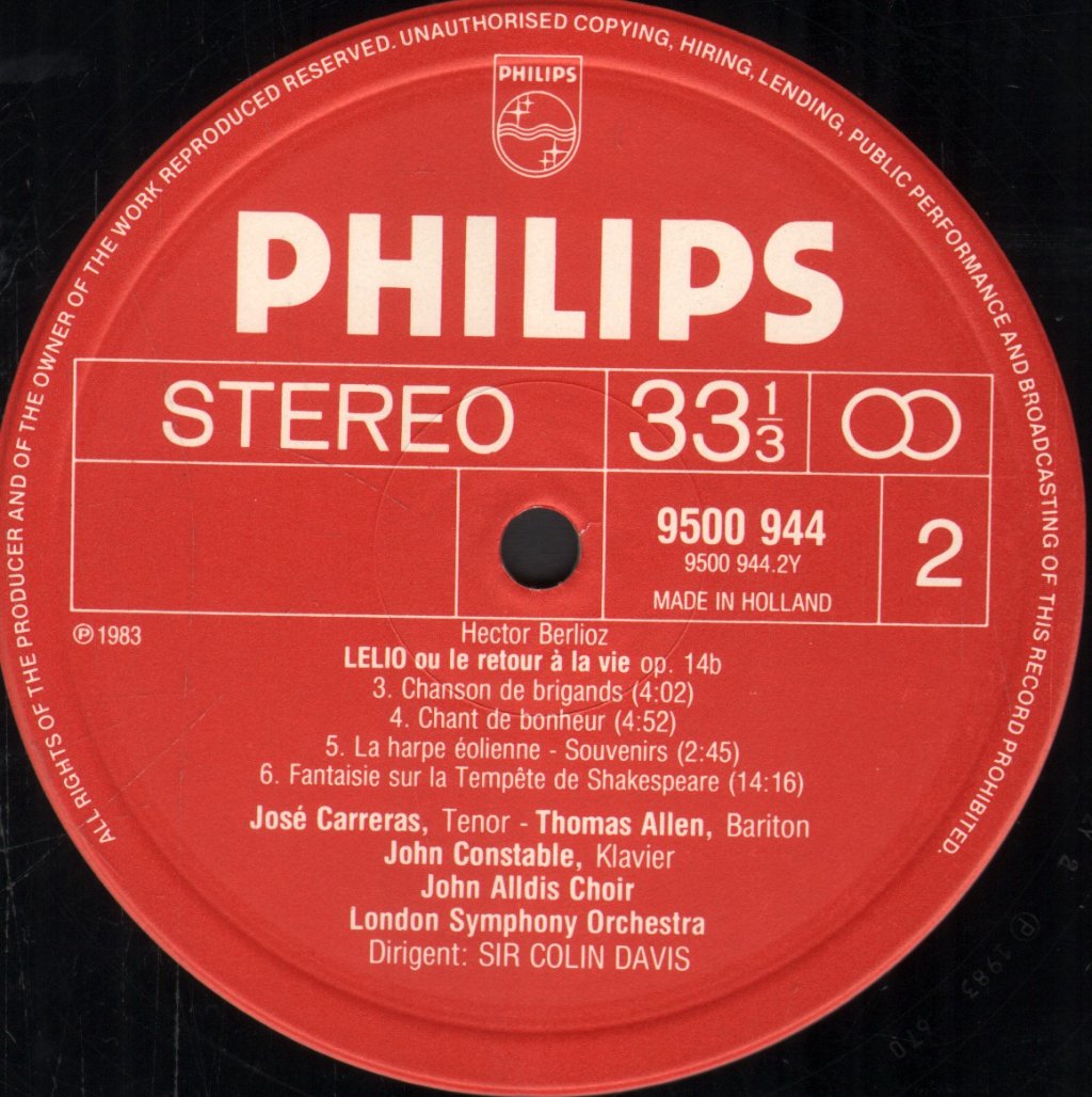 Jose Carreras / Thomas Allen / John Alldis Choir / Sir Colin Davis / London Symphony Orchestra - Berlioz - Lelio Op. 14B / Tristia Op. 18 - Lp