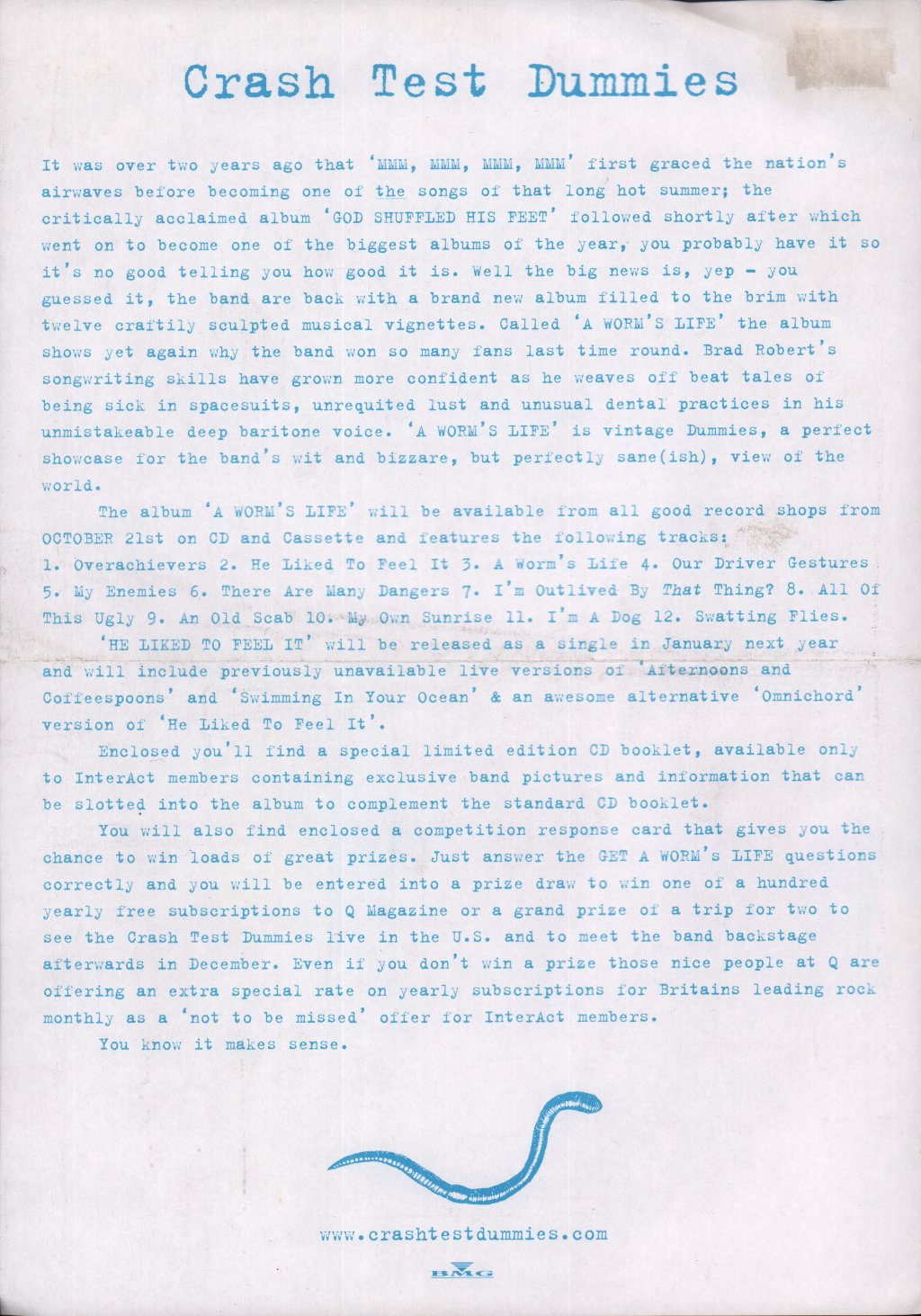 Crash Test Dummies - A Worm's Life - Press Release