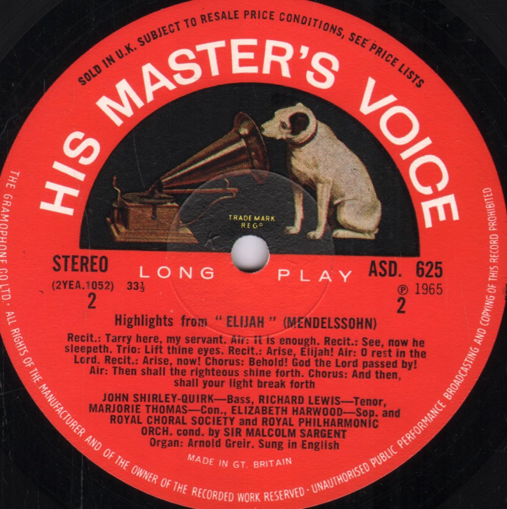 Sir Malcolm Sargent / Royal Philharmonic Orchestra / Elizabeth Harwood / Marjorie Thomas - Mendelssohn - Elijah Highlights - Lp