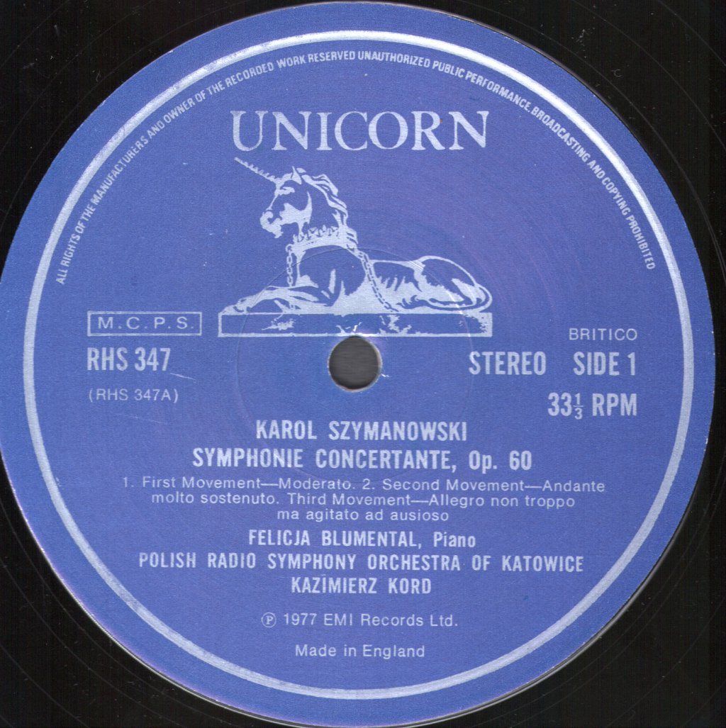 Felicja Blumental / Polish Radio Symphony Orchestra Of Katowice / Kazimierz Kord - Karol Szymanowski - Symphonie Concertante Op 60 And Pieces For Solo Piano - Lp