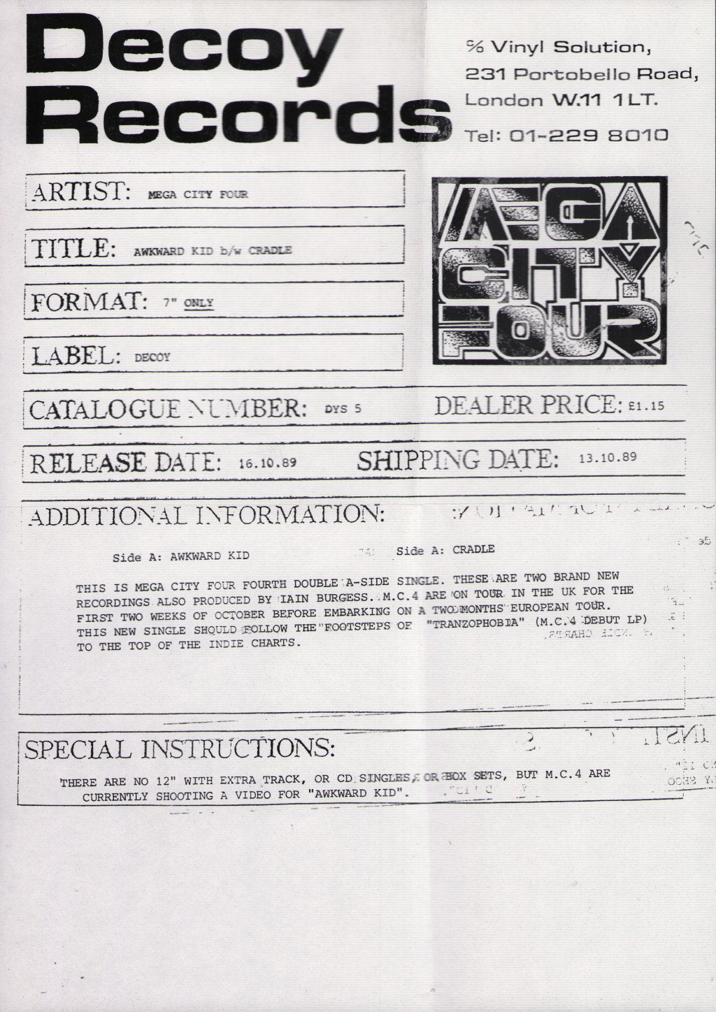 Mega City Four - Awkward Kid - 7 Inch