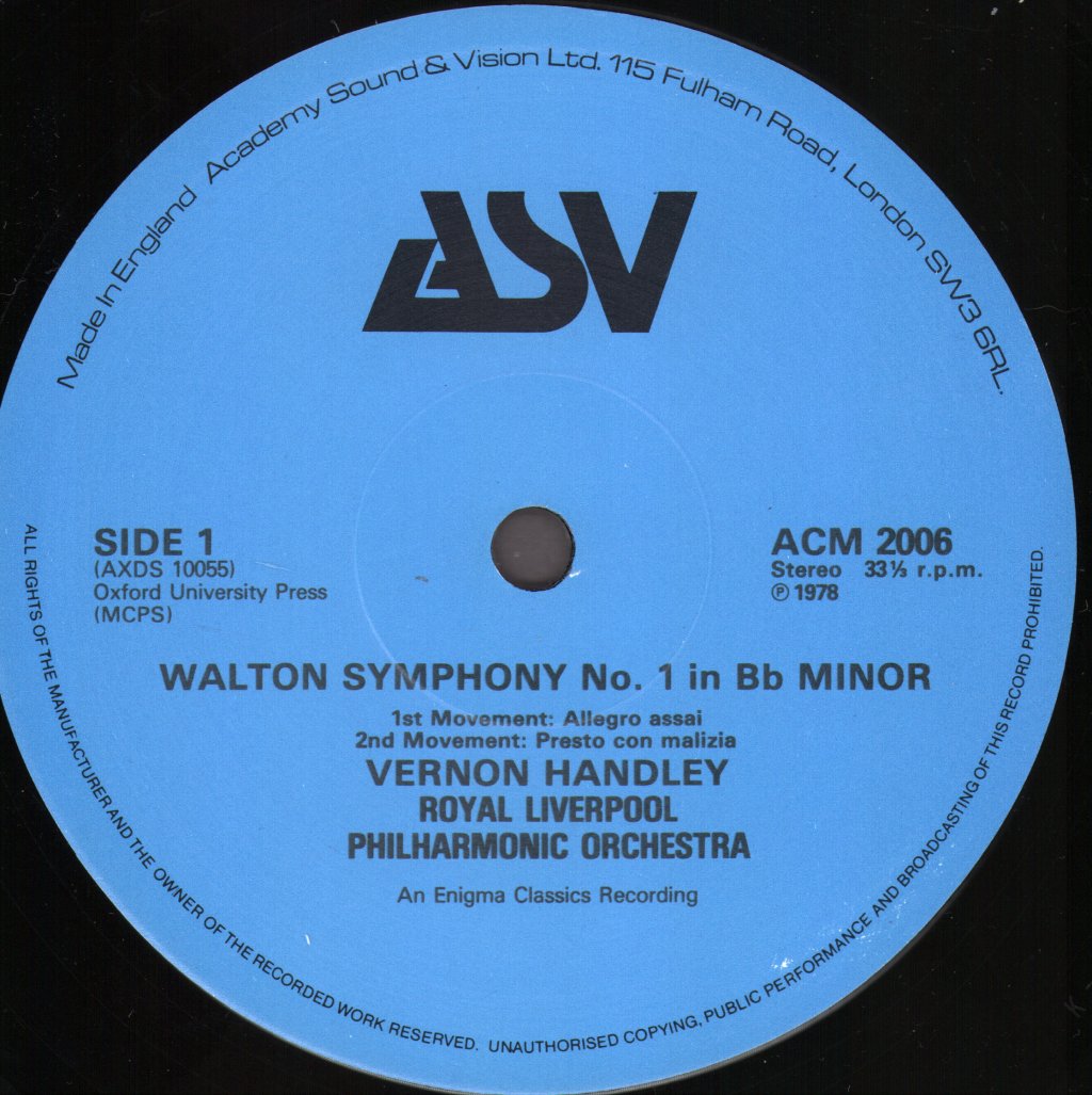 Vernon Handley / Royal Liverpool Philharmonic Orchestra - Walton - First Symphony In B Flat Minor - Lp