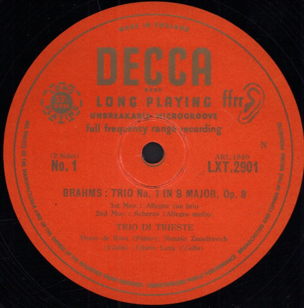 Trio Di Trieste - brahms Trio No. 1 In B Major Op. 8 - Lp