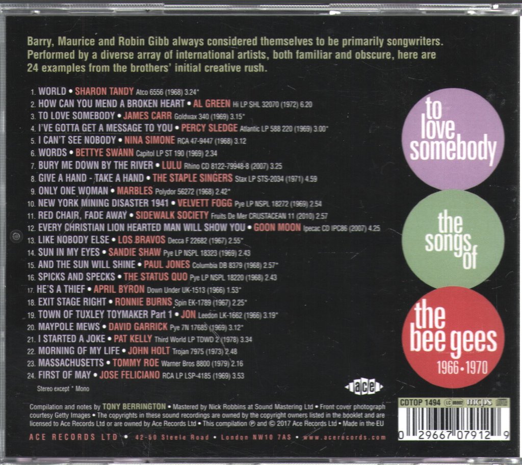 Various Artists - To Love Somebody (The Songs Of The Bee Gees 1966-1970) - Cd