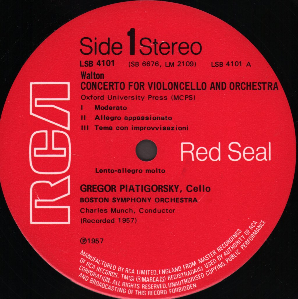 Gregor Piatigorsky / Charles Munch / Boston Symphony Orchestra - Walton / Piatigorsky - Cello Concerto - Lp