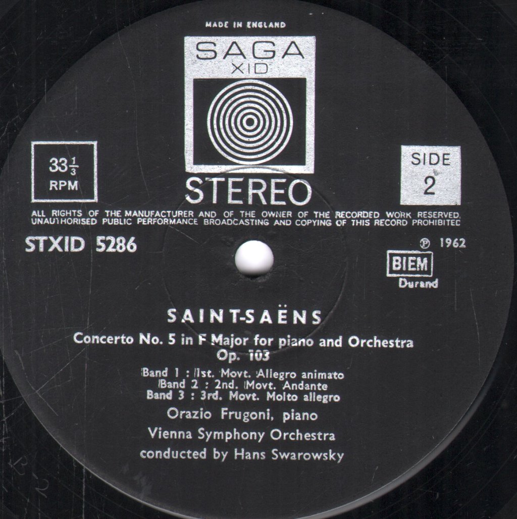Orazio Frugoni / Vienna Symphony Orchestra / Hans Swarowsky - Saint-Saens - Piano Concertos No. 2 In G Minor Op. 22 & No. 5 In F Major Op. 103 - Lp