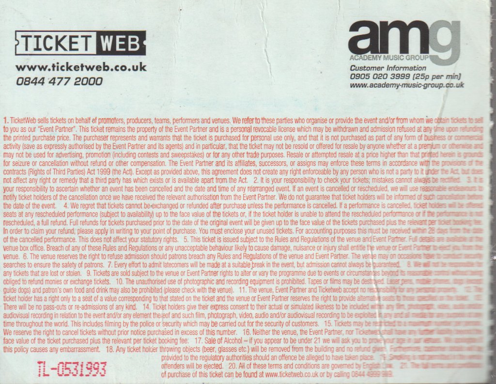 Cult/Mission - Sheffield 02 Academy 12th September 2012 - Ticket