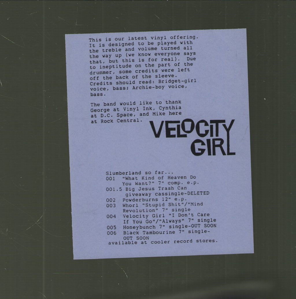 Velocity Girl - I Don't Care If You Go - 7 Inch