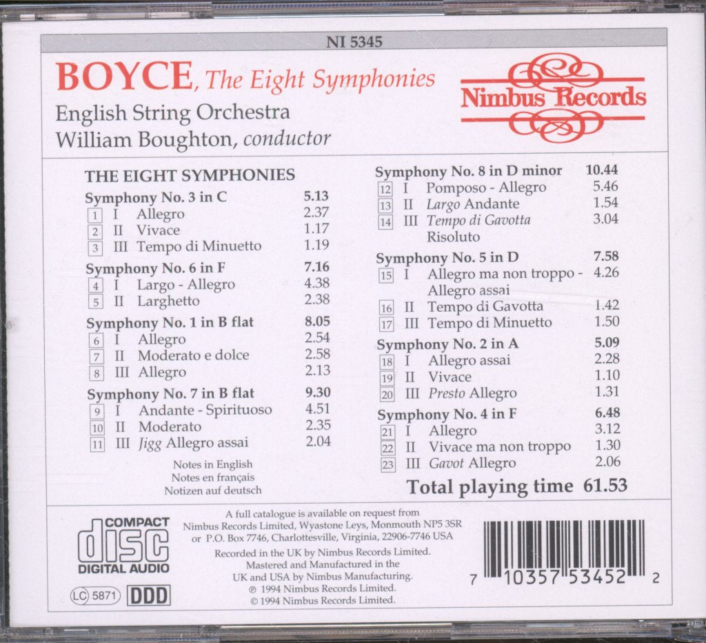 English String Orchestra, William Boughton - Boyce - Eight Symphonies - Cd