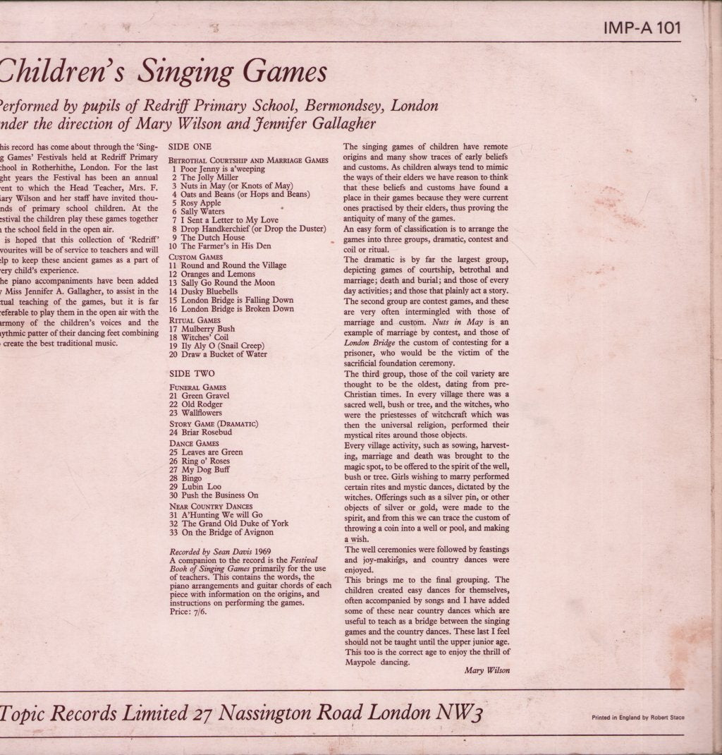 Redriff Primary School, Jennifer A. Gallagher - Children's Singing Games - Lp