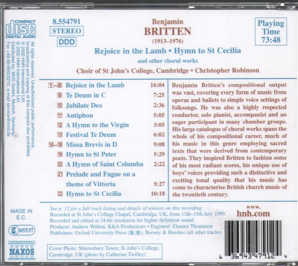 Benjamin Britten - Rejoice In The Lamb • Hymn To St Cecilia • Missa Brevis (And Other Choral Works) - Cd