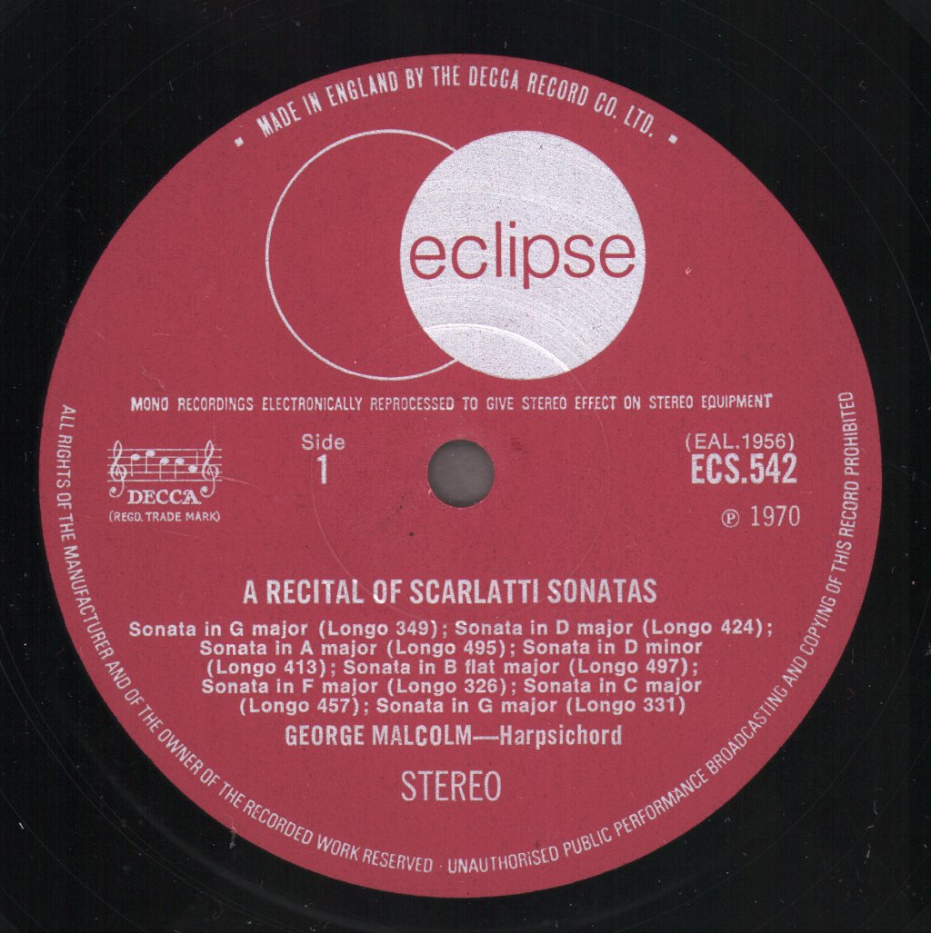 George Malcolm - A Recital Of Scarlatti Sonatas - Lp