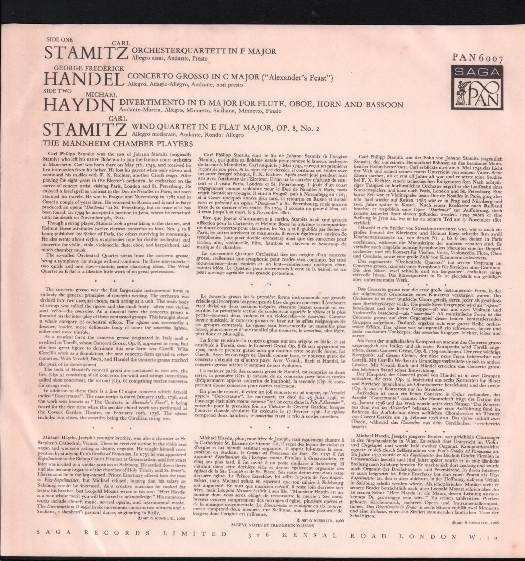 Mannheim Chamber Players - Stamitz - Orchesterquartett / Wind Quartet / Handel - Concerto Grosso / Haydn - Divertimento - Lp