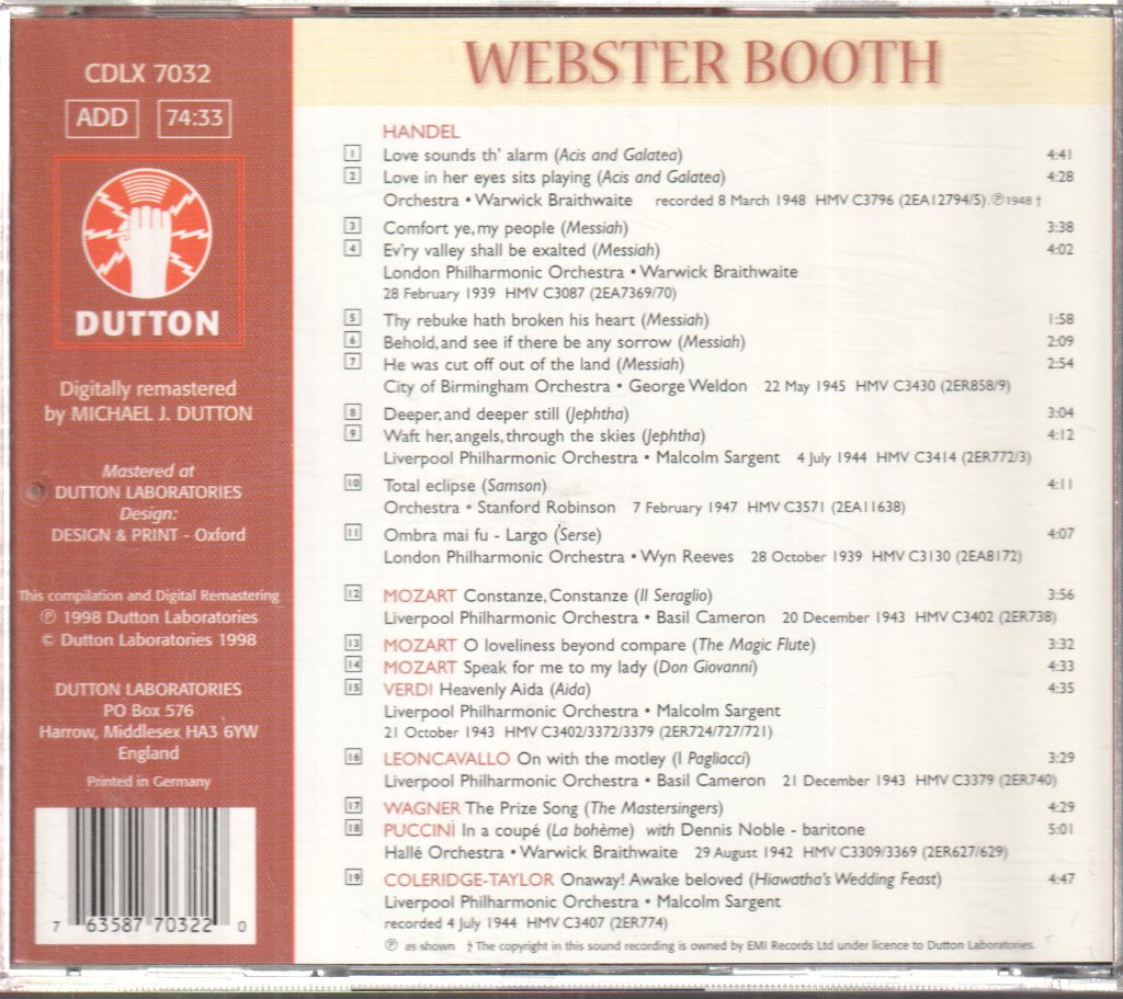 Webster Booth - Handel Arias / Operatic Arias - Cd