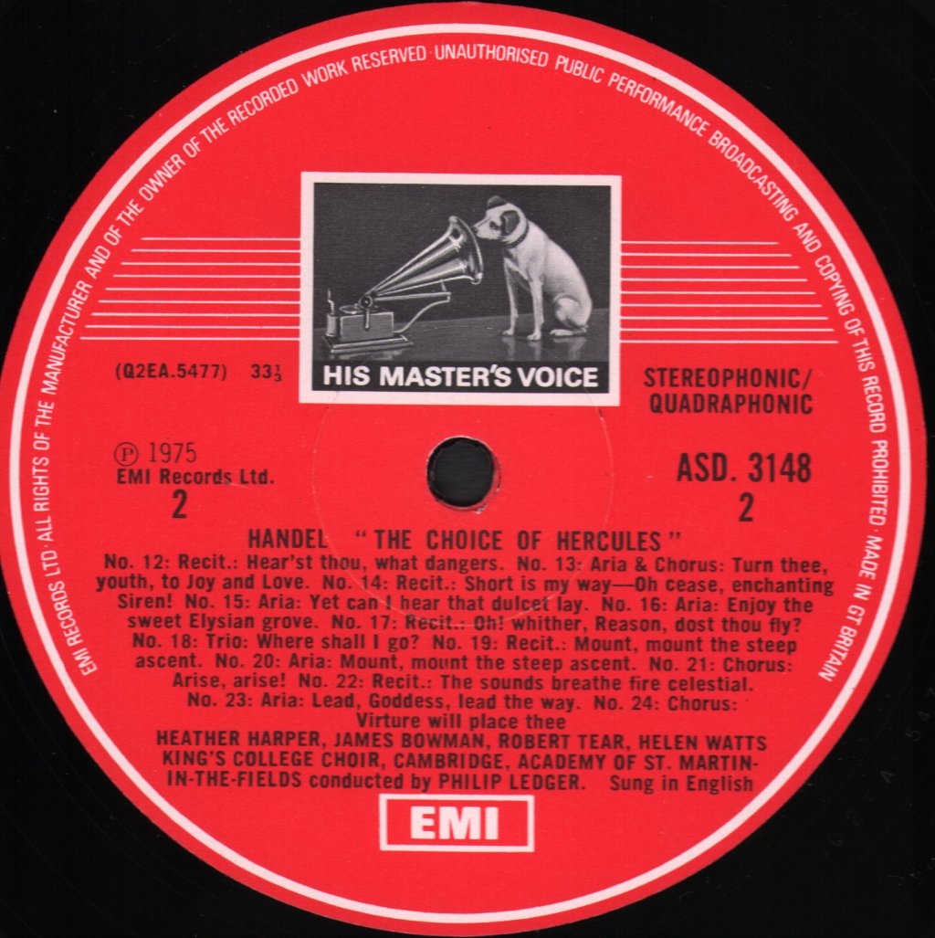 James Bowman / Heather Harper / Helen Watts / Robert Tear / King's College Choir - Handel - Choice Of Hercules - Lp