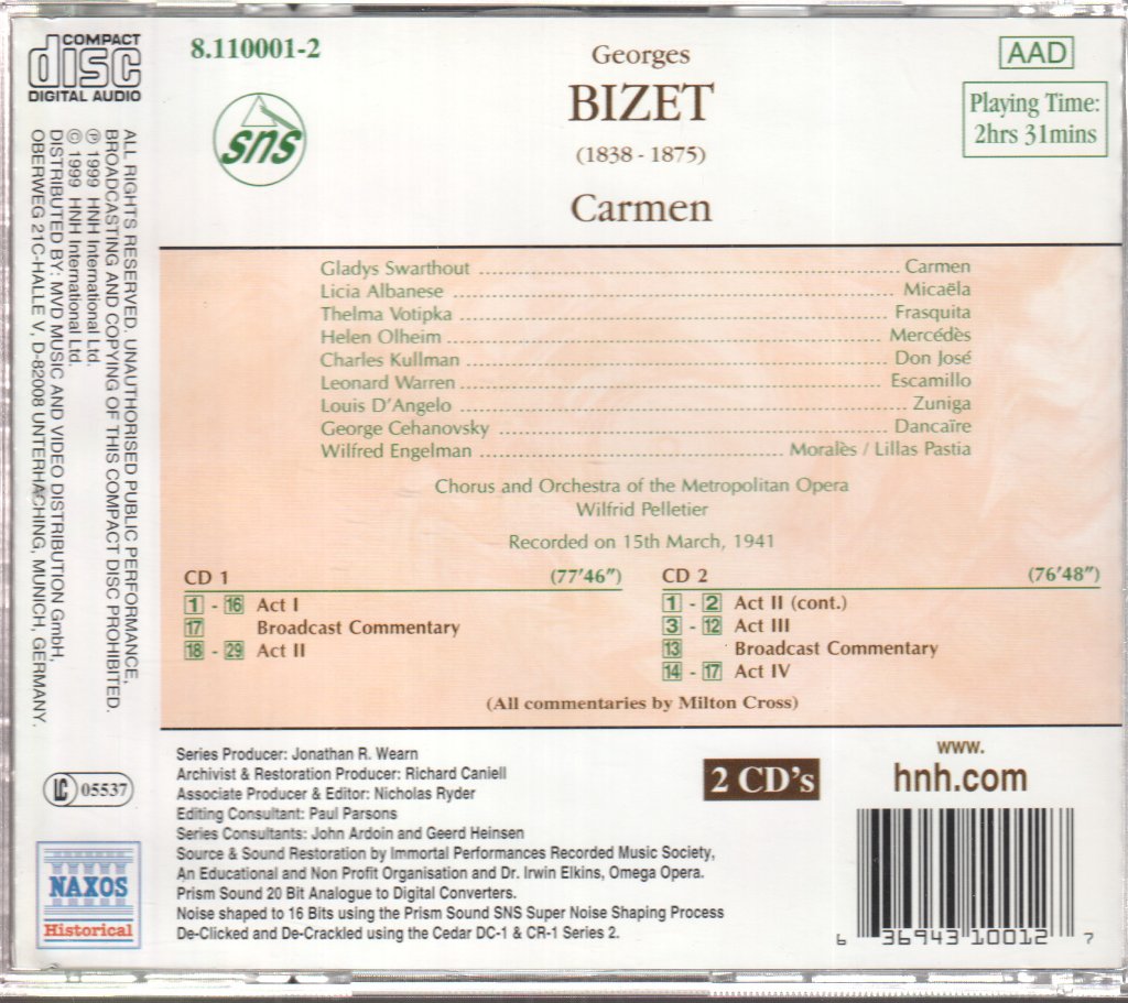 Metropolitan Opera House Orchestra, Gladys Swarthout - Bizet - Carmen - Double Cd