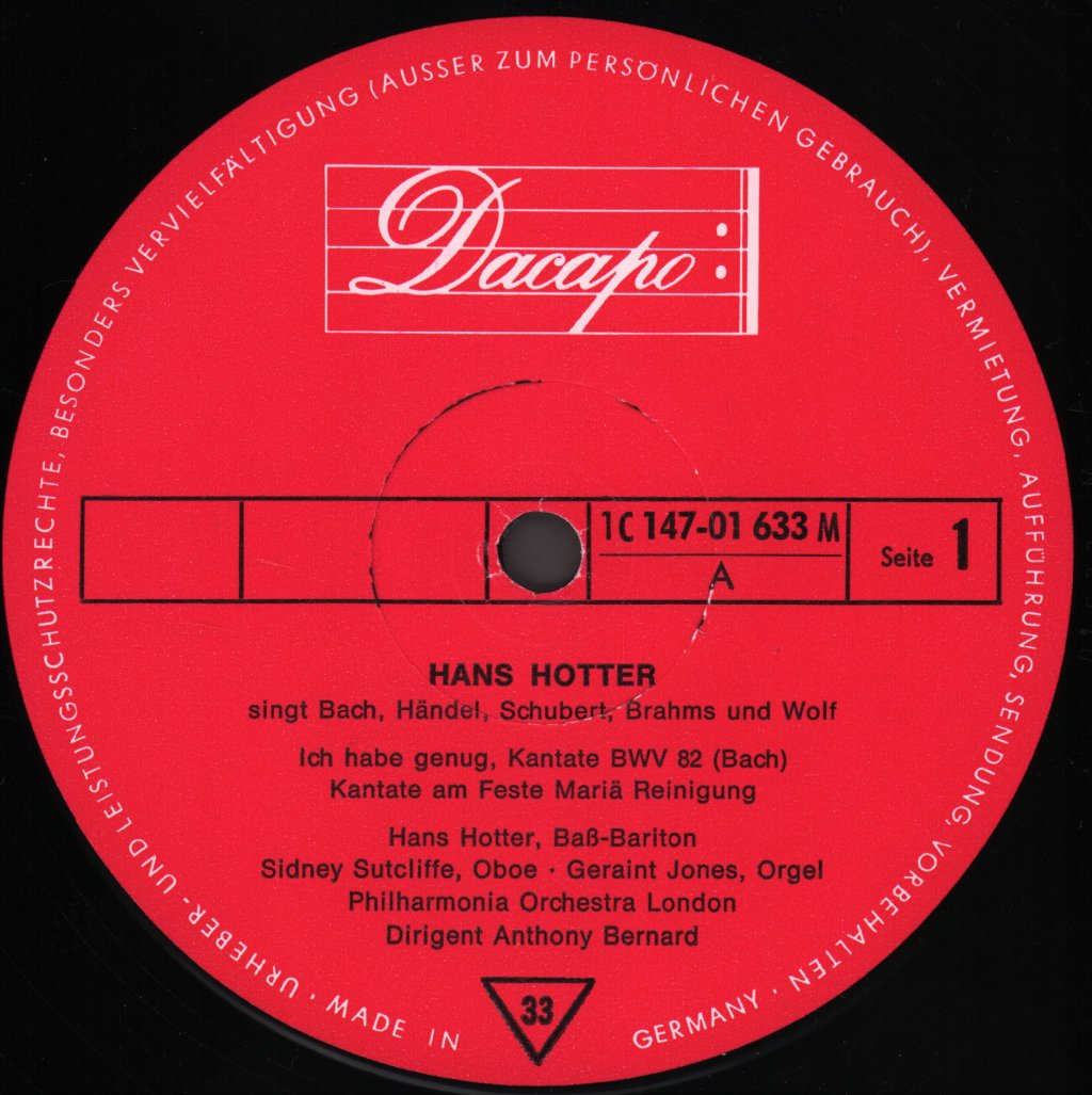 Hans Hotter - Singt Bach, Händel, Schubert, Brahms Und Wolf - Double Lp