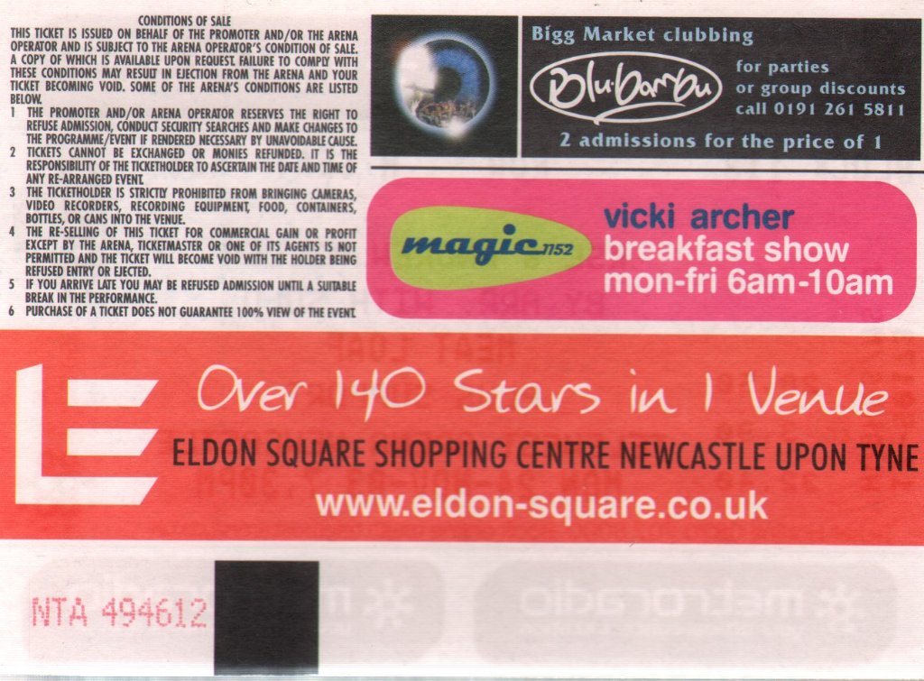 Meat Loaf - Telewest Arena 24th November 2003 - Ticket