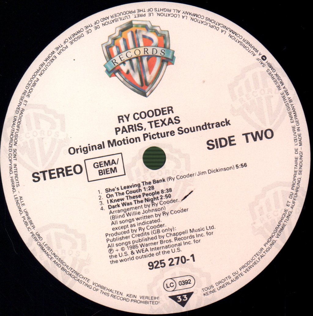 Ry Cooder - Paris Texas (Original Motion Picture Soundtrack) - Lp