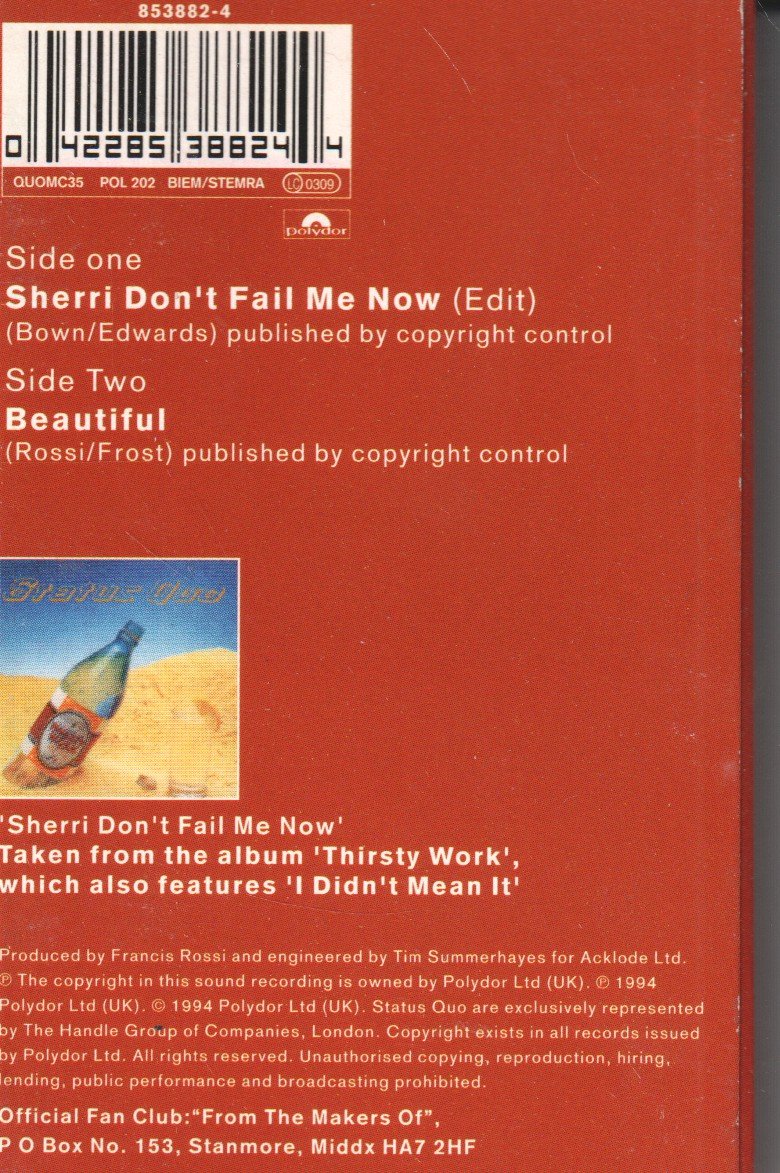 Status Quo - Sherri Don't Fail Me Now - Cassette
