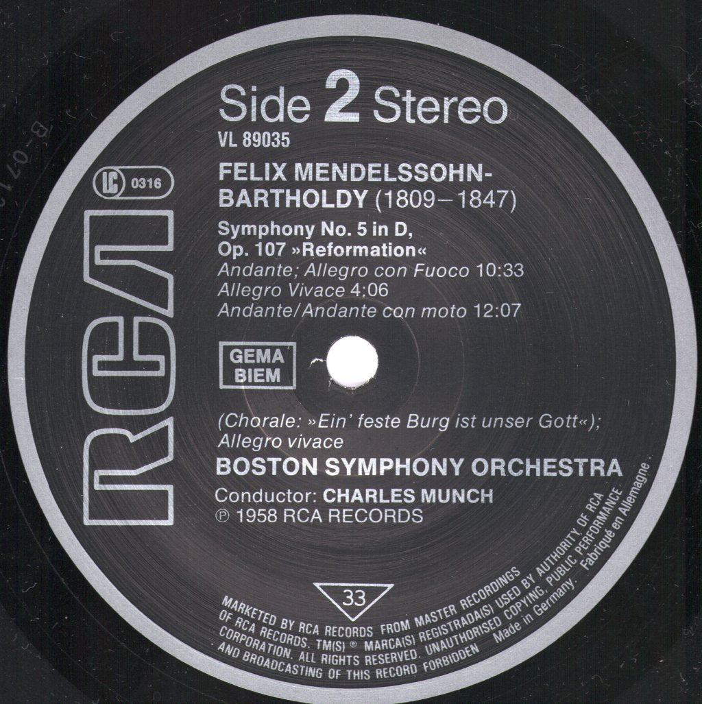 Charles Munch / Boston Symphony Orchestra - Mendelssohn - Symphony No. 4 "Italian / Symphony No. 5 "Reformation" - Lp