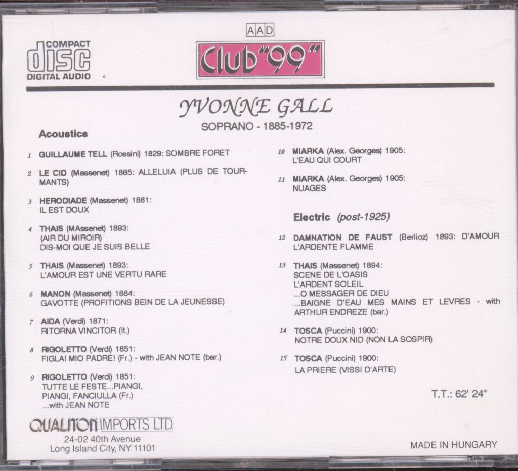 Yvonne Gall - Soprano 1885-1972 - Cd