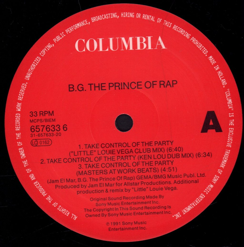 B G The Prince Of Rap - Take Control Of The Party - 12 Inch