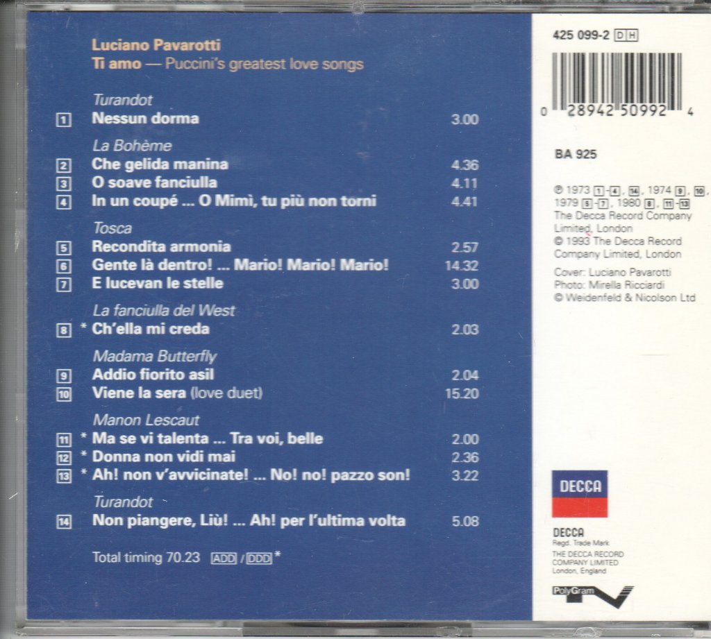 Luciano Pavarotti - Ti Amo - Puccini's Greatest Love Songs - Cd